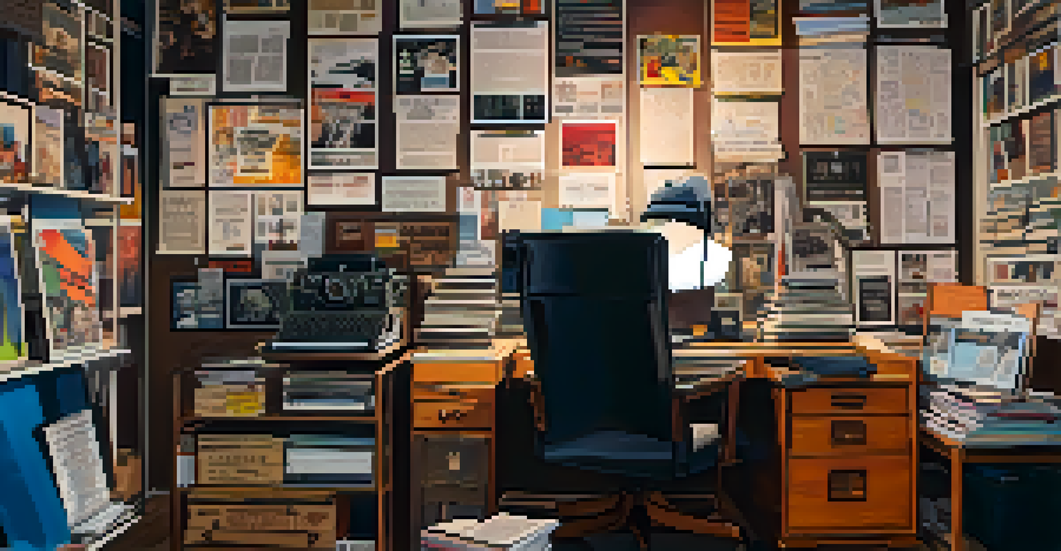An artistic workspace of a film director, showcasing scripts and colorful storyboards under warm light.