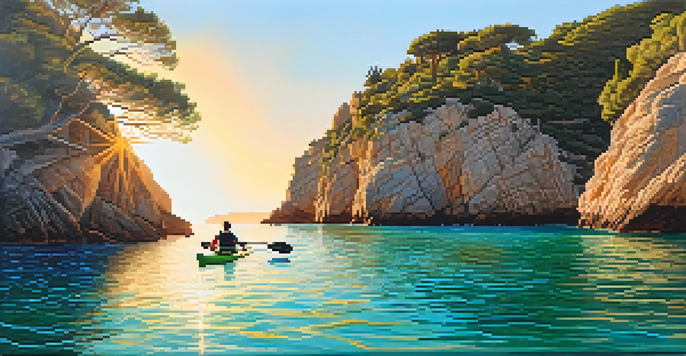 A kayaker paddling on clear turquoise waters near rugged cliffs during sunset.
