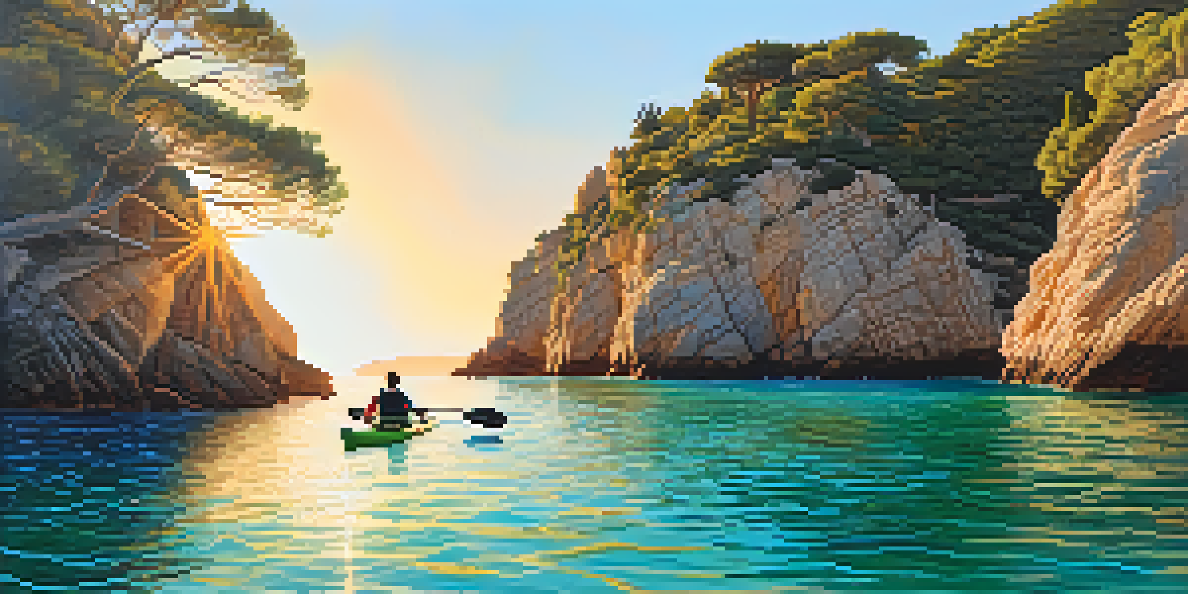 A kayaker paddling on clear turquoise waters near rugged cliffs during sunset.