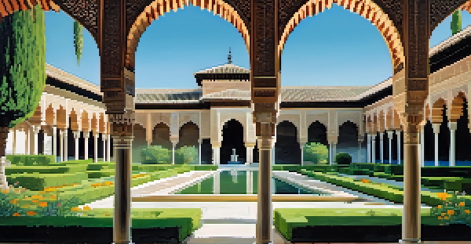 A beautiful view of the Alhambra with detailed Moorish architecture surrounded by vibrant gardens and a clear sky.