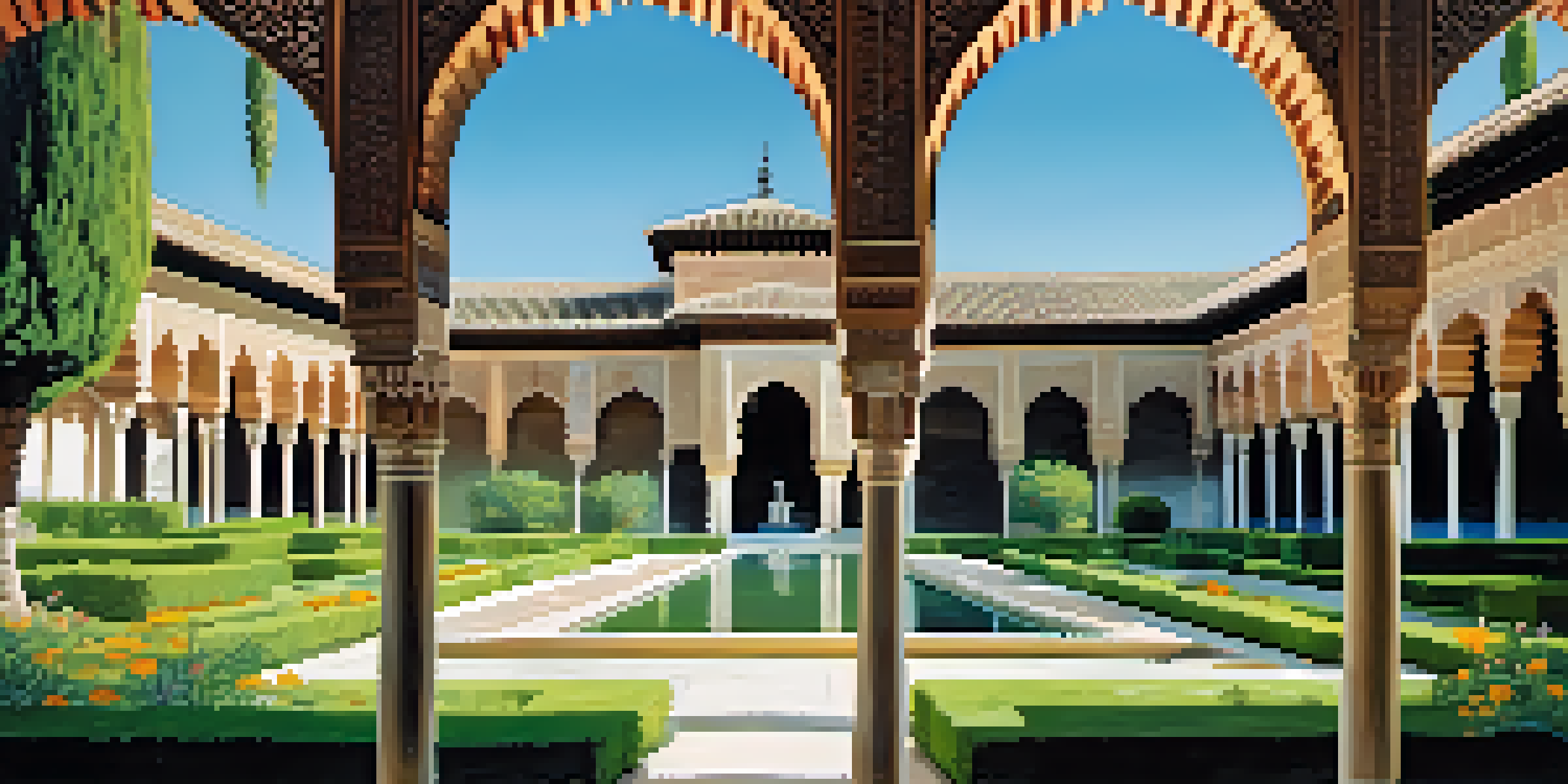 A beautiful view of the Alhambra with detailed Moorish architecture surrounded by vibrant gardens and a clear sky.