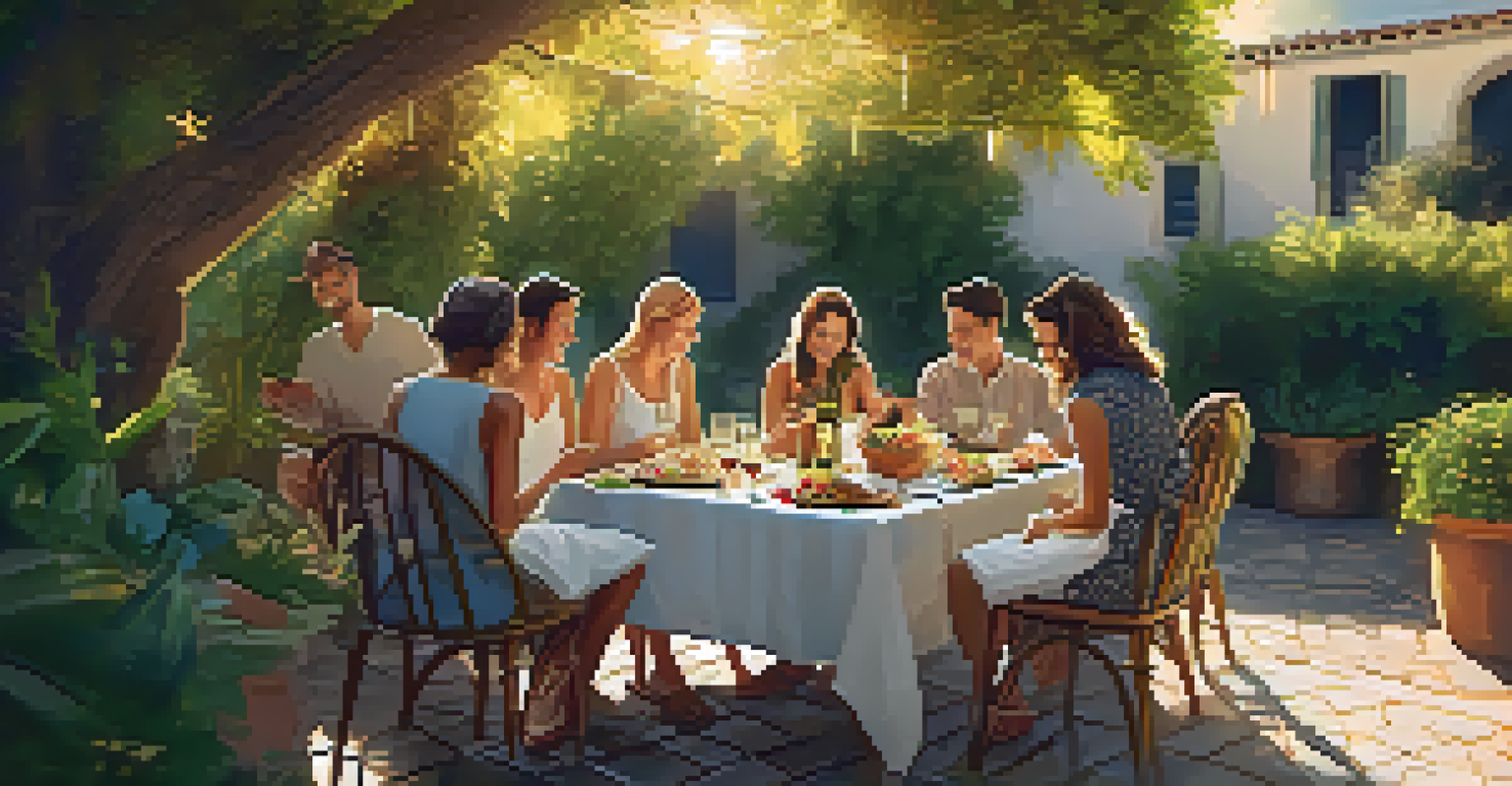 An outdoor dining scene with a table full of tapas dishes and wine, surrounded by greenery and friends enjoying the meal together in warm sunlight.