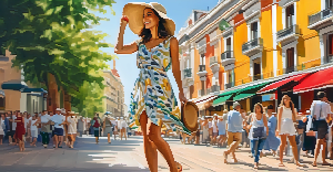 A stylish woman in a sundress walking in a lively Madrid street with colorful buildings and outdoor cafes.