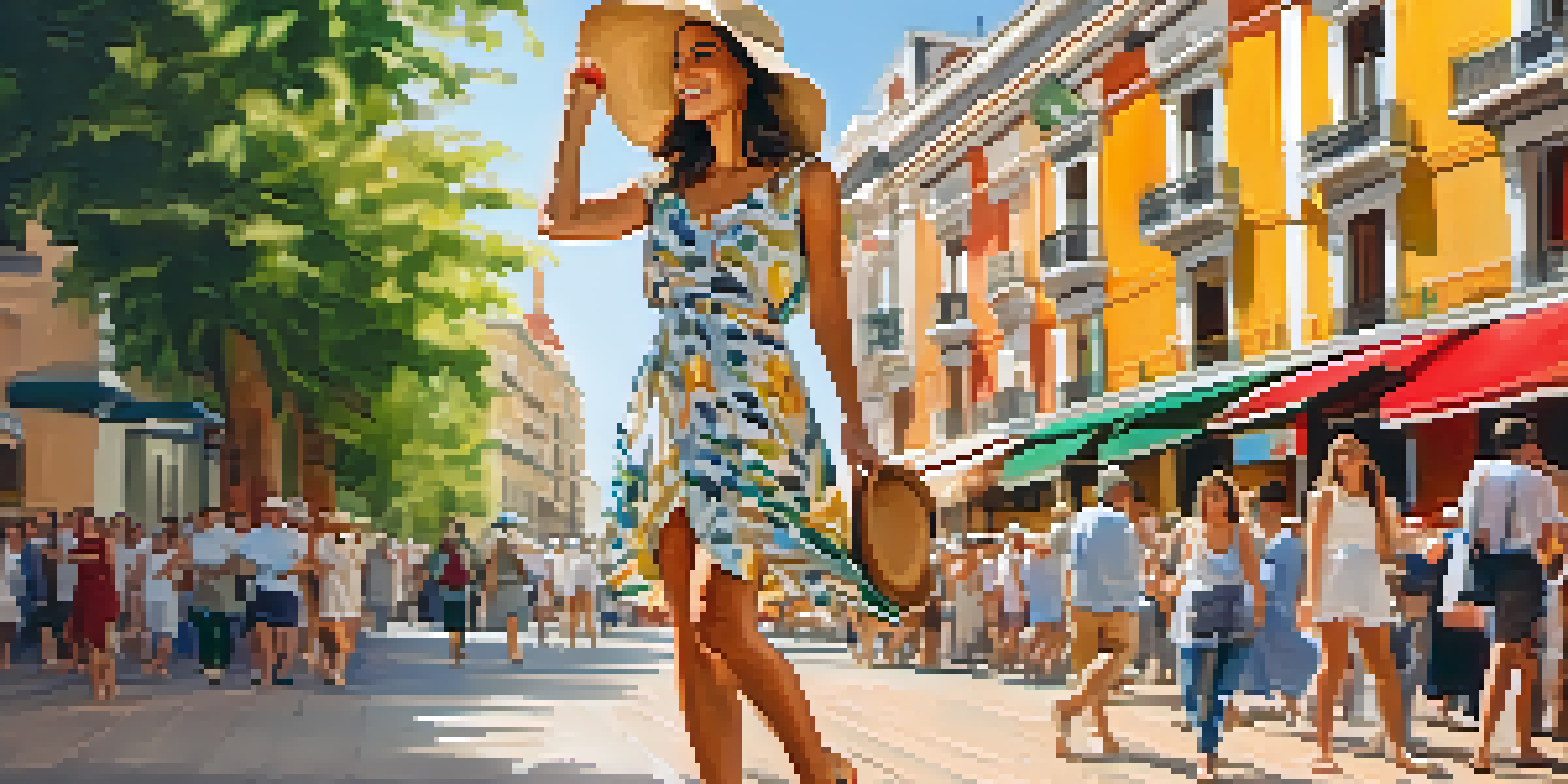 A stylish woman in a sundress walking in a lively Madrid street with colorful buildings and outdoor cafes.