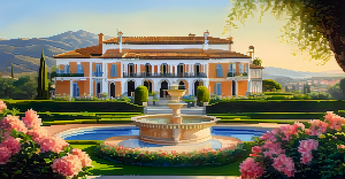 A scenic view of a luxurious hotel in the Andalusian countryside, surrounded by nature and a thermal spring.