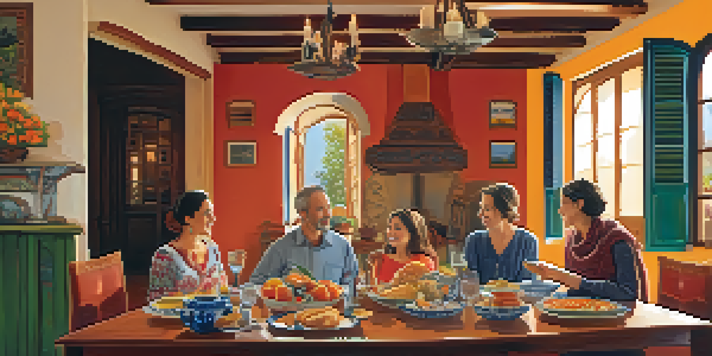 A cozy living room of a Spanish host family with a warm atmosphere, showcasing family members gathered around a dining table sharing a meal.