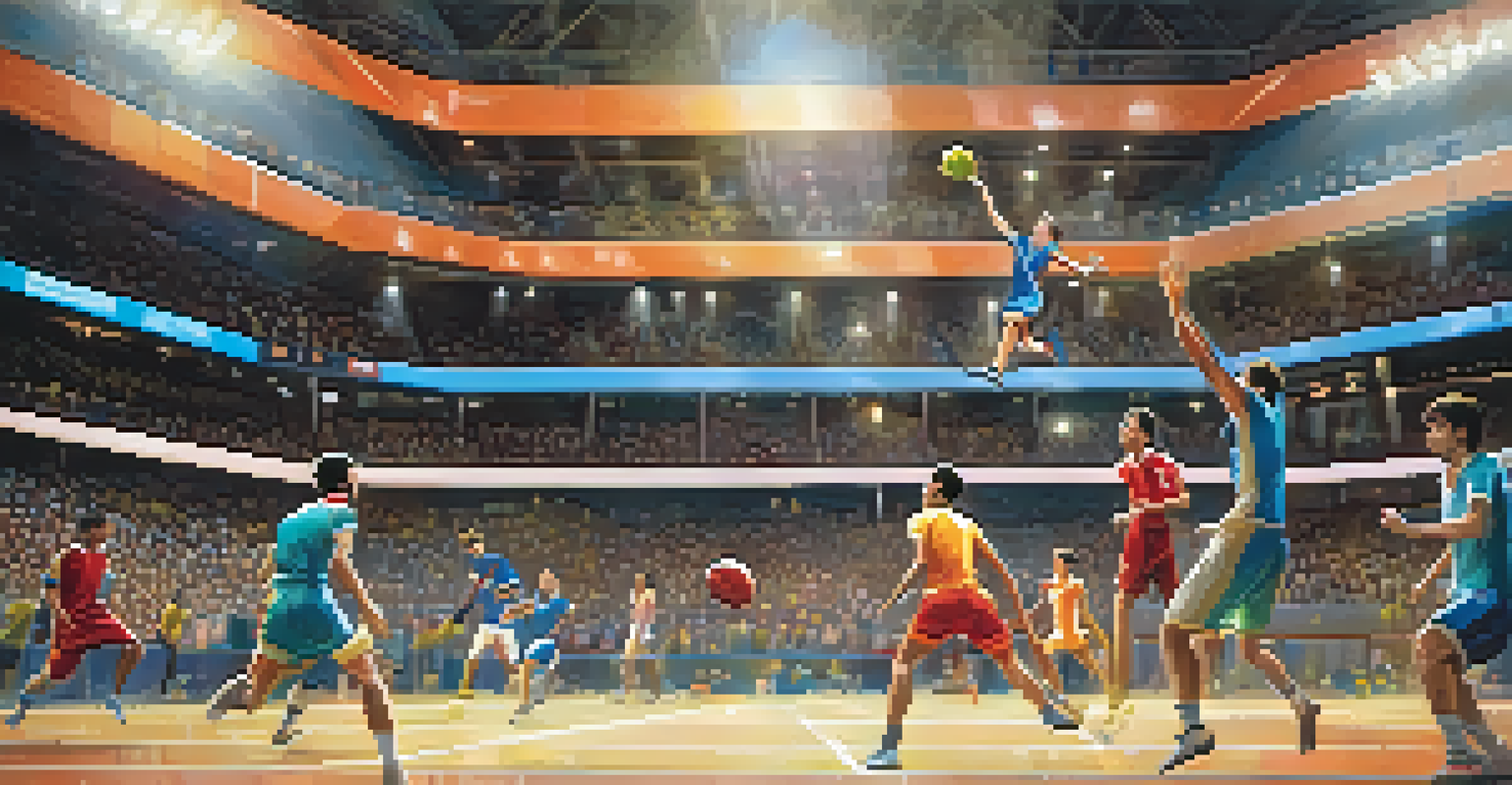 A player throws a ball with a curved basket in a Cesta Punta game, surrounded by enthusiastic spectators in a brightly lit court.