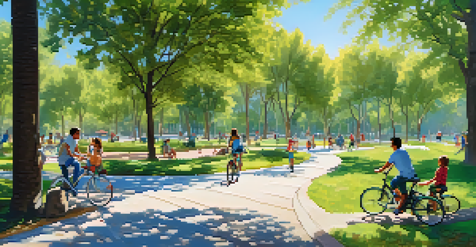 A peaceful park scene in Madrid with families biking and picnicking under a clear blue sky surrounded by greenery.