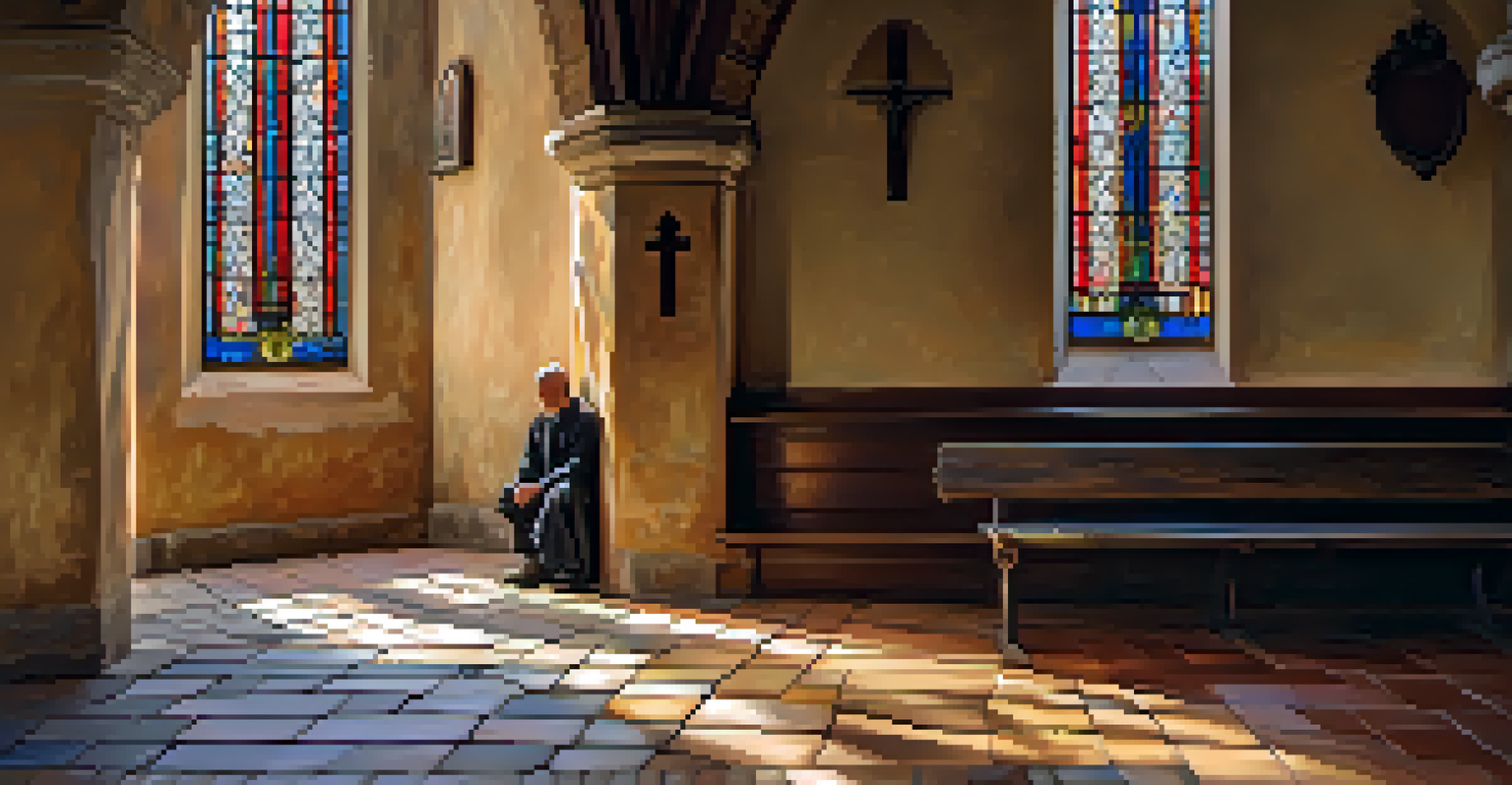 A pilgrim reflecting in a serene chapel with sunlight filtering through stained-glass windows.