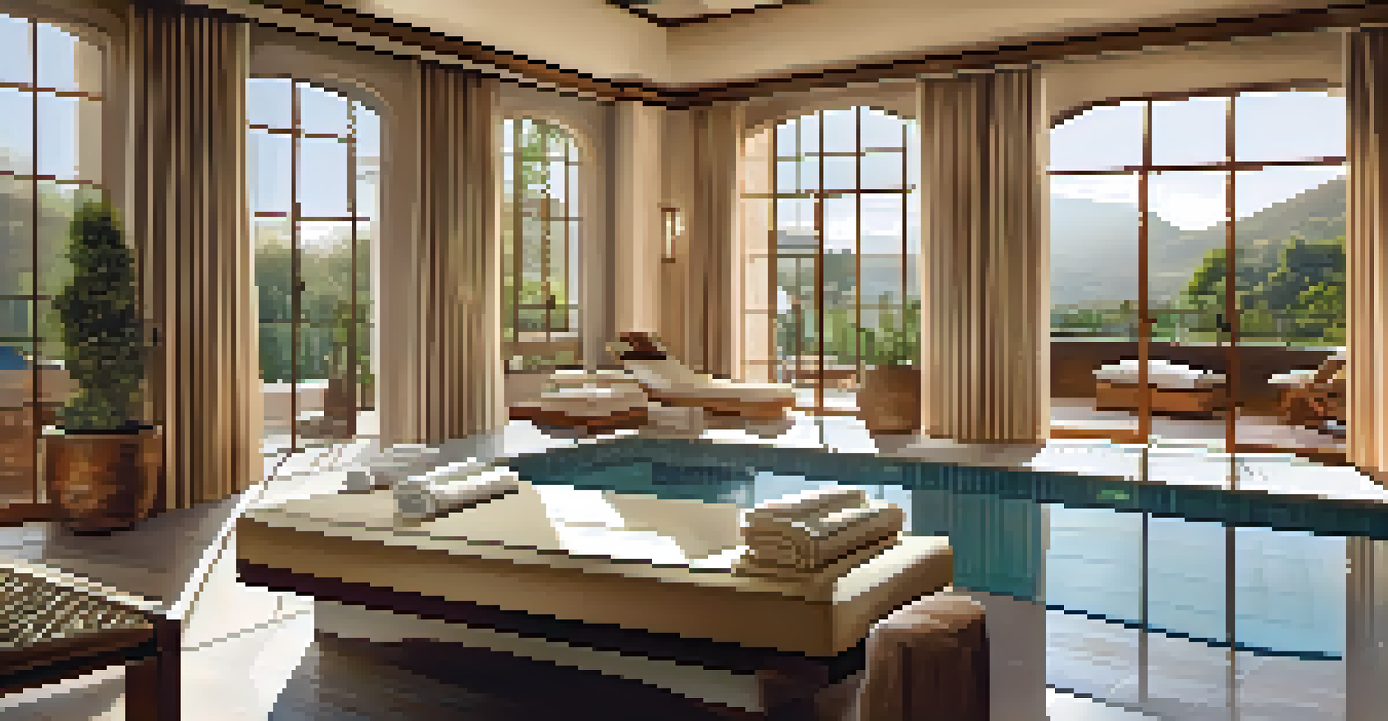 A luxurious spa room featuring a massage table, candles, and soft towels, illuminated by natural light and a small indoor water feature.