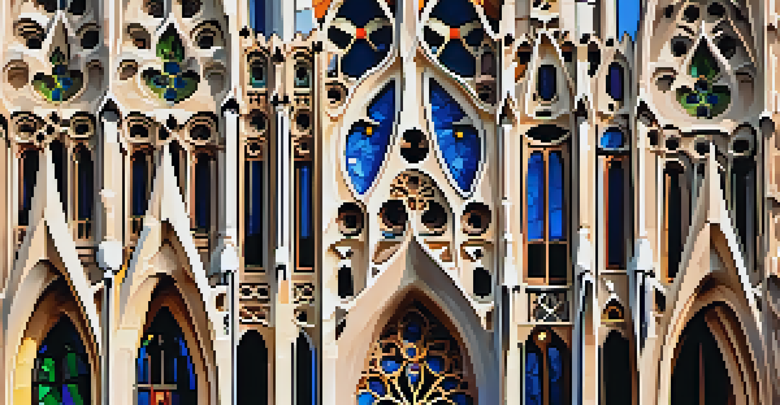 Close-up of the Sagrada Familia's facades, highlighting Gaudí's architectural details and colorful stained glass.