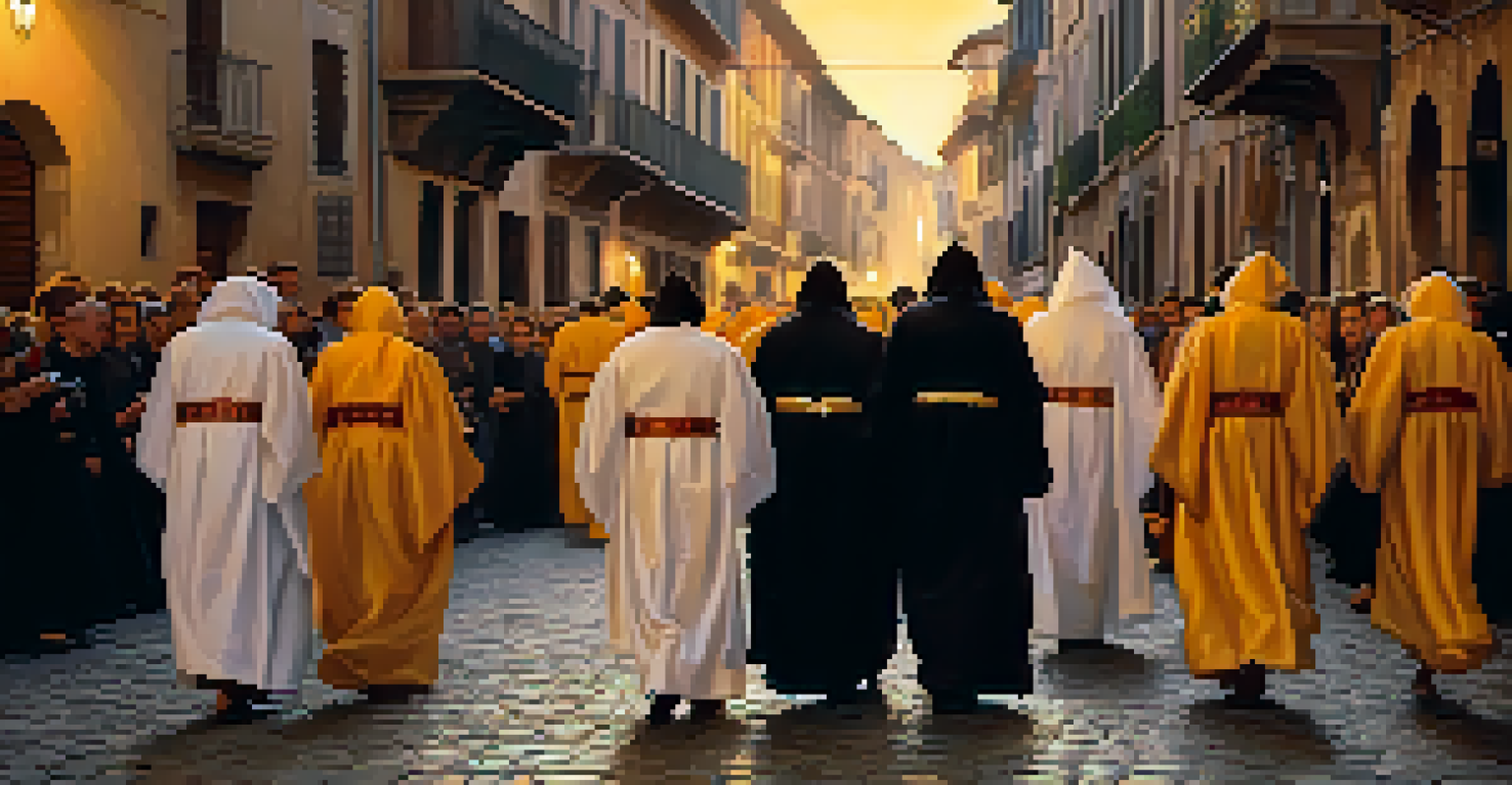 Somber procession during Semana Santa in Spain, with participants in traditional robes illuminated by candlelight on cobblestone streets.