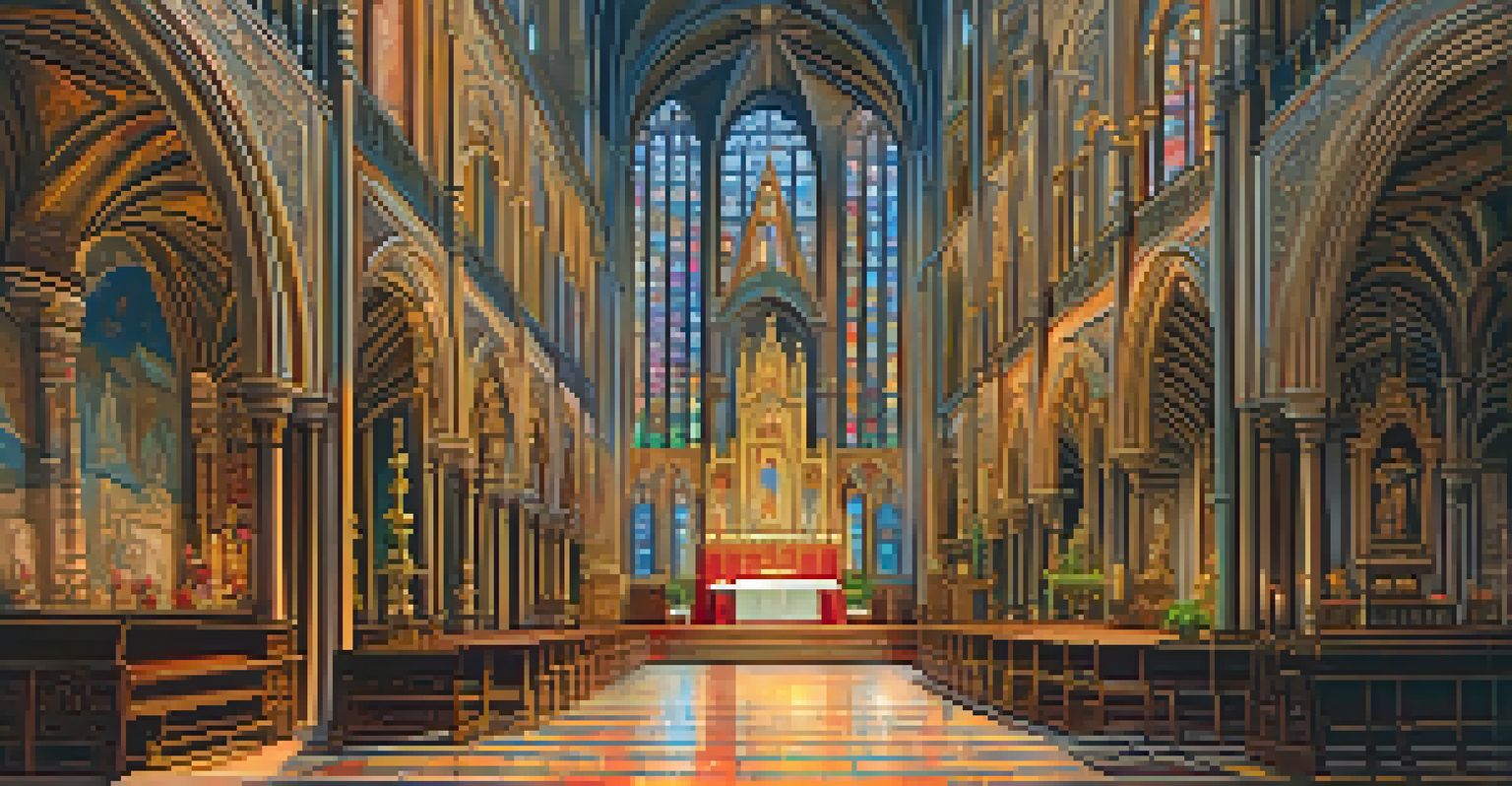 The interior of the Cathedral of Seville featuring the Main Altarpiece with vibrant colors and stained glass windows.
