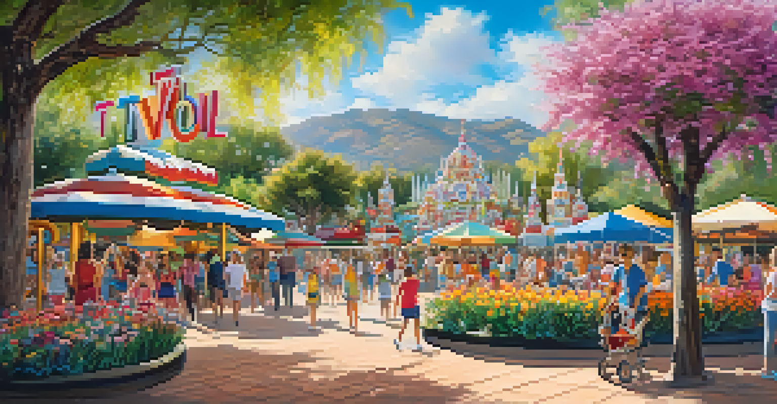 A charming view of Tivoli World, with colorful gardens and families enjoying rides and live performances.