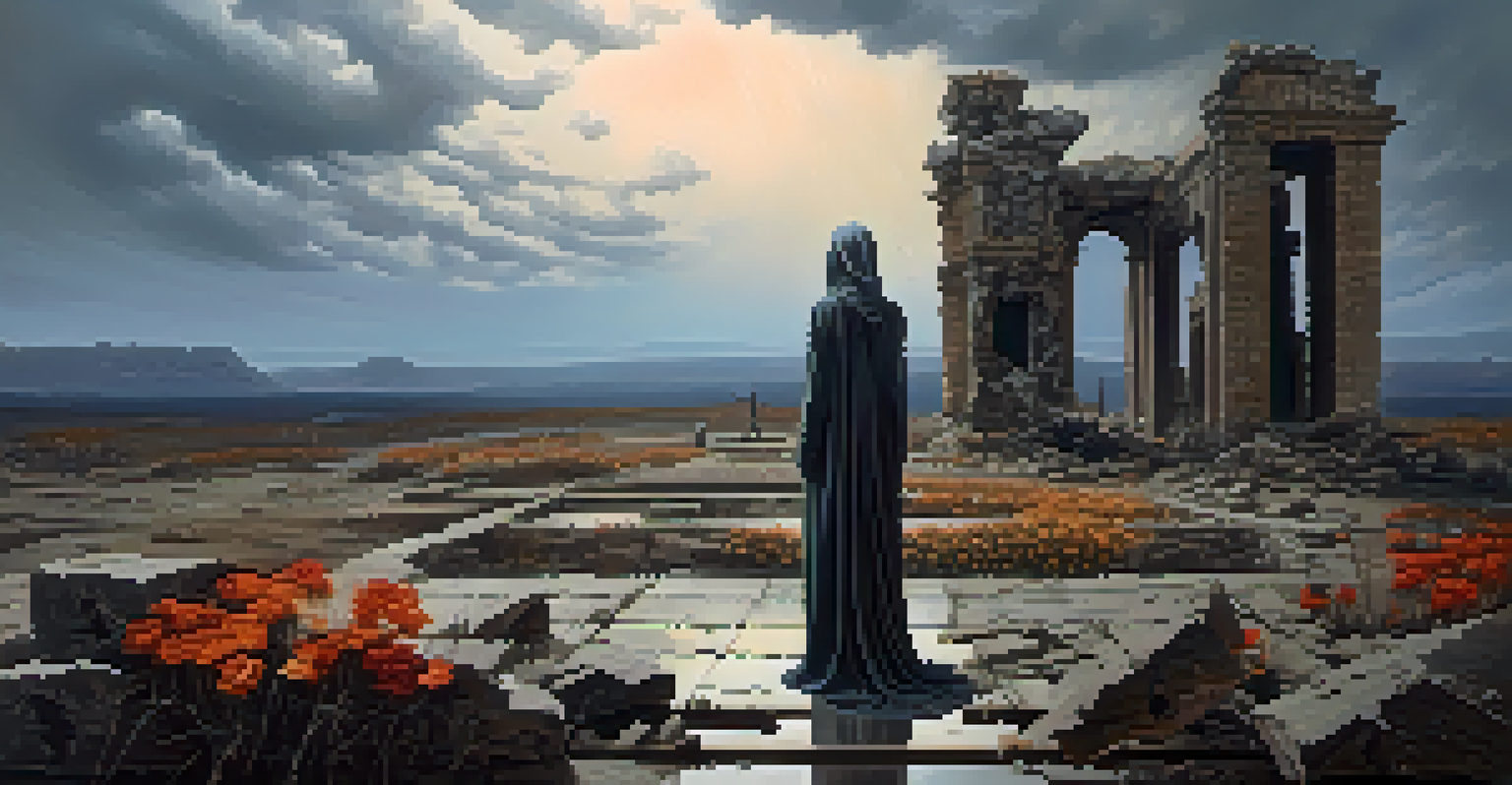 A surreal figure in a desolate landscape with dark skies and blooming flowers, representing resilience amidst decay.