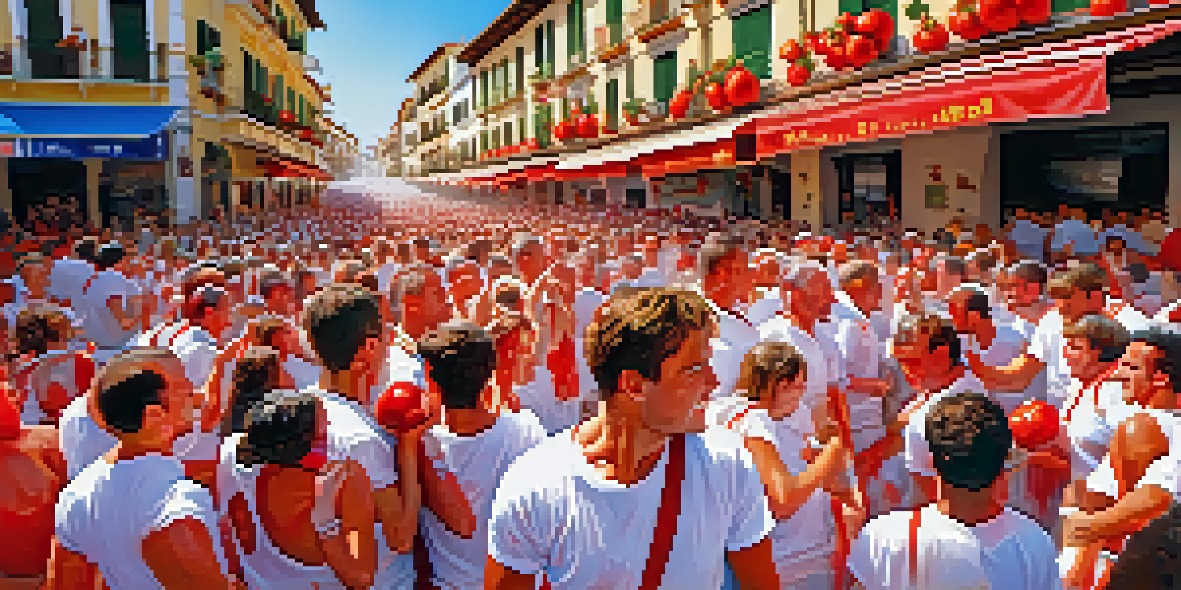 A lively street scene showcasing participants throwing tomatoes during La Tomatina festival, surrounded by historic buildings and a clear blue sky.