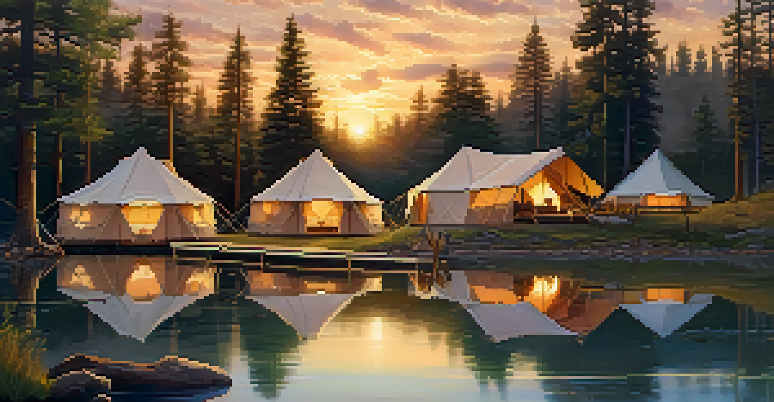 A glamping site in a national park showcasing cozy tents by a serene lake at sunset.
