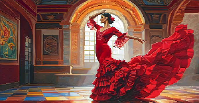 A flamenco dancer in a red dress performing on stage with colorful tiles in the background.