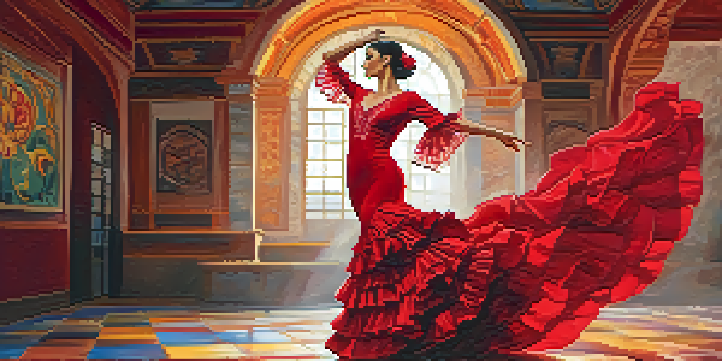 A flamenco dancer in a red dress performing on stage with colorful tiles in the background.