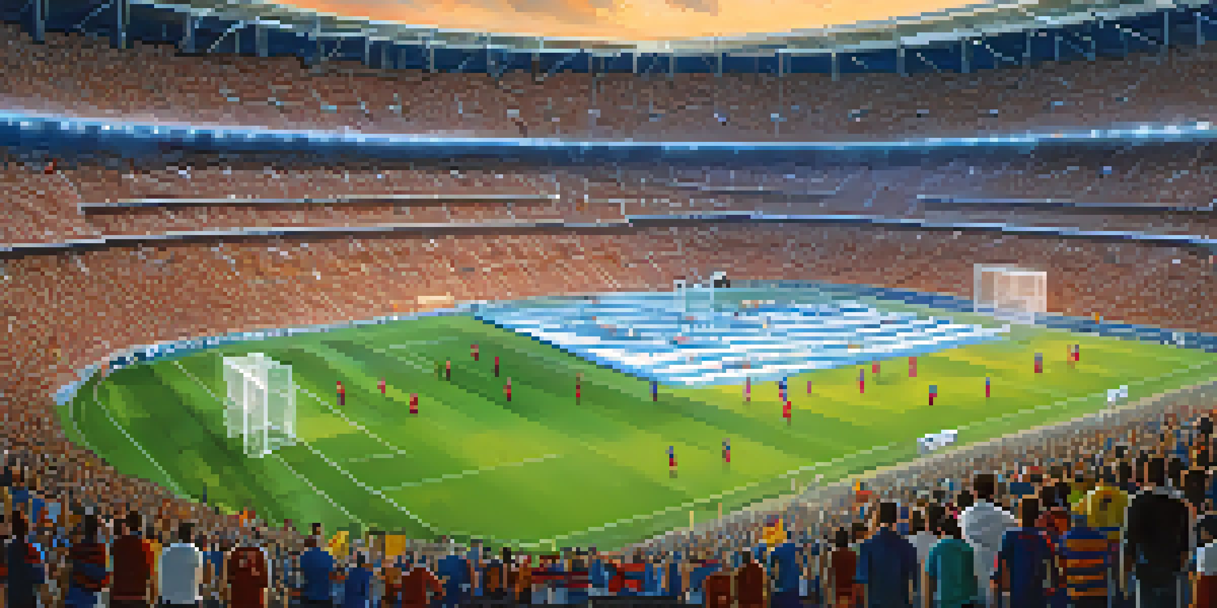 A lively stadium filled with fans of FC Barcelona and Real Madrid, showcasing their team colors and flags during El Clásico.