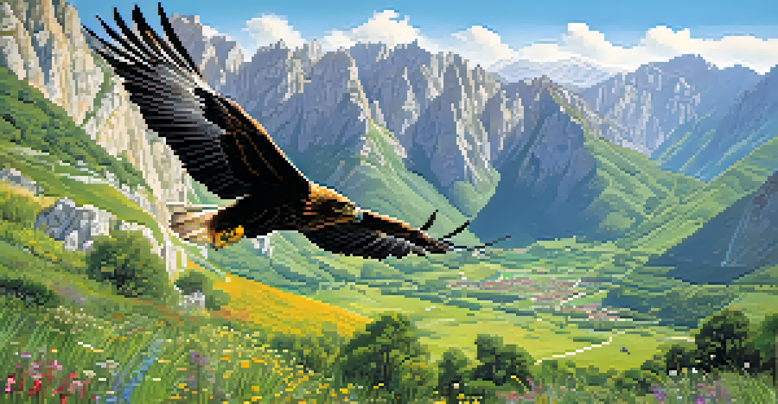 A stunning mountain landscape with a golden eagle soaring in the sky at Picos de Europa National Park.