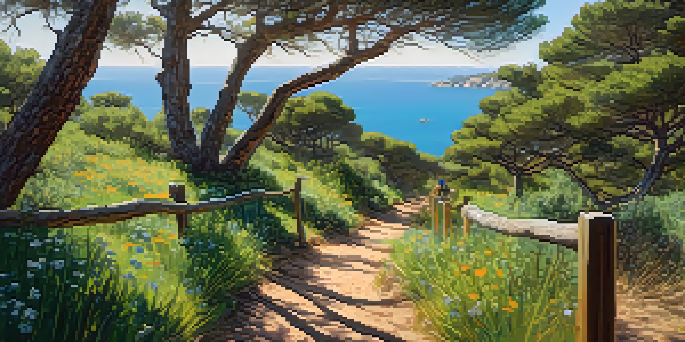 A peaceful hiking trail in Costa Brava with vibrant flowers and a view of the Mediterranean Sea, featuring hikers in eco-friendly gear.