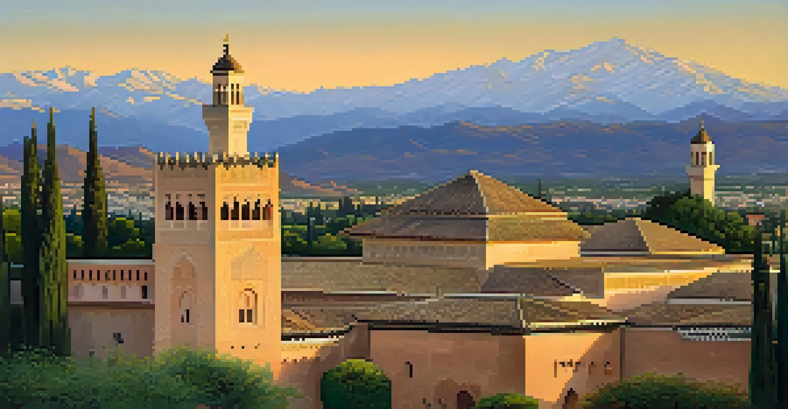 The Alhambra palace illuminated in the evening light, showcasing its intricate Islamic architecture with gardens and mountains in the background.
