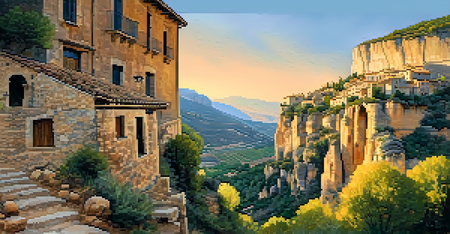 A sunset view of Siurana village with climbers on limestone cliffs and warm golden light illuminating the scene.