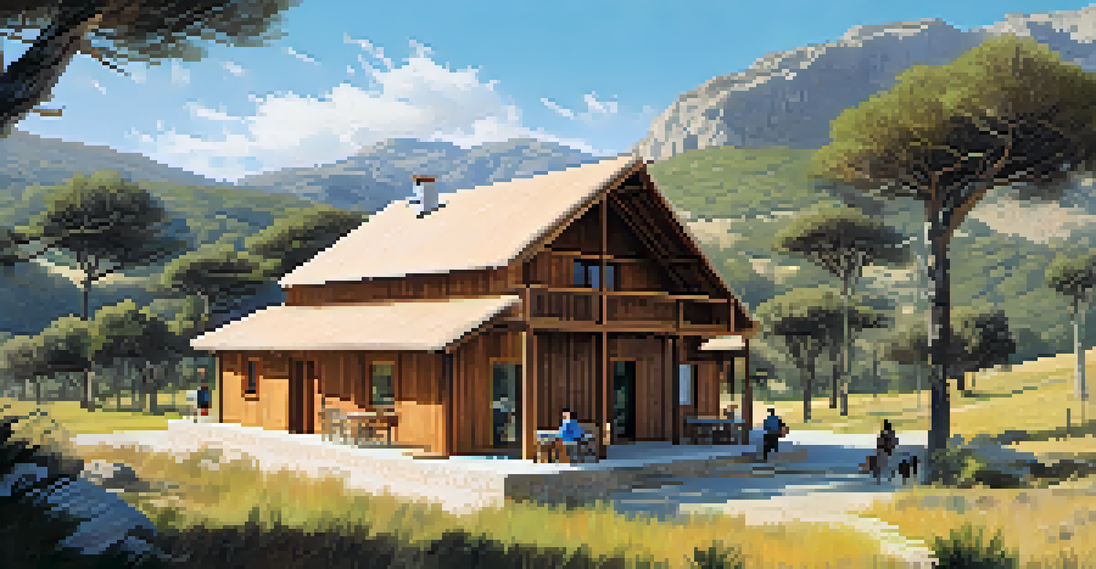 A sustainable eco-lodge in the Sierra de Grazalema with wooden cabins, surrounded by beautiful nature and guests exploring the trails on a sunny day.