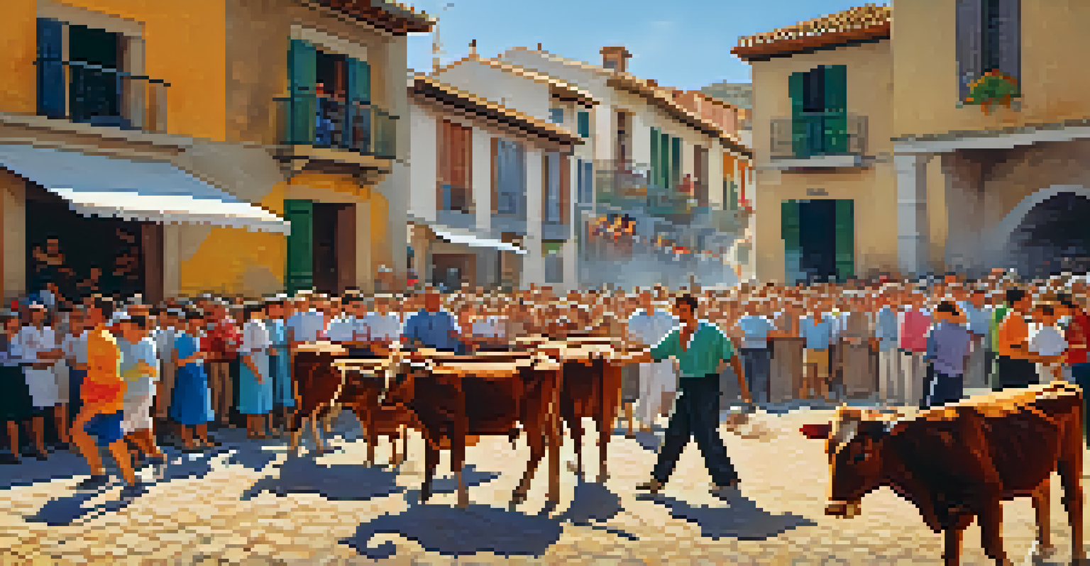 Participants engage in traditional stone throwing at a rural sports festival, with a vibrant village square filled with spectators and bright decorations.