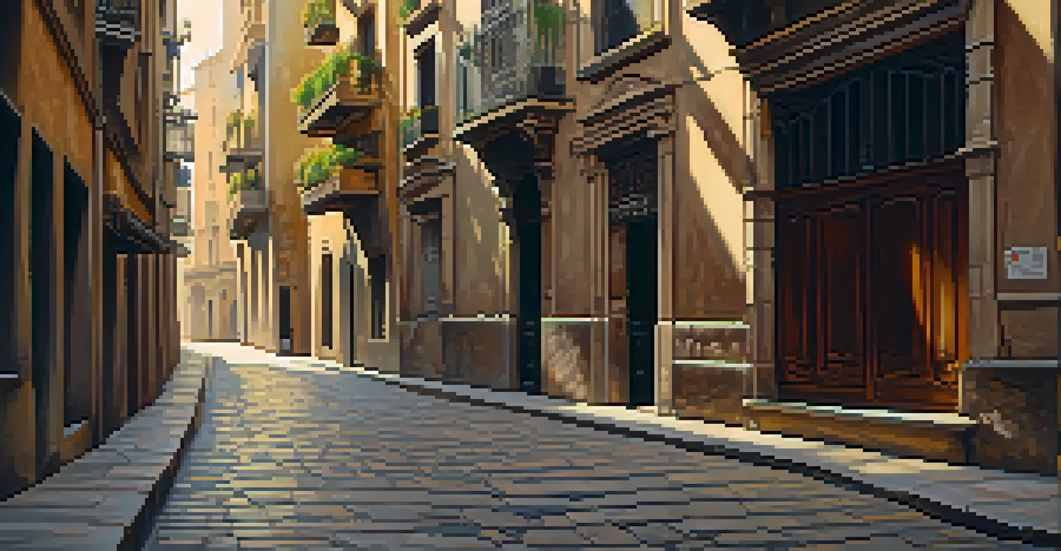A narrow cobblestone street in the Gothic Quarter of Barcelona with ancient stone buildings and warm golden sunlight.