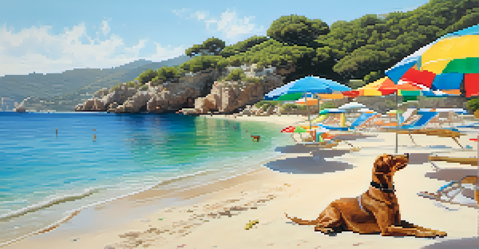 A peaceful beach in the Balearic Islands with a dog splashing in the clear water, surrounded by hills and beach umbrellas.