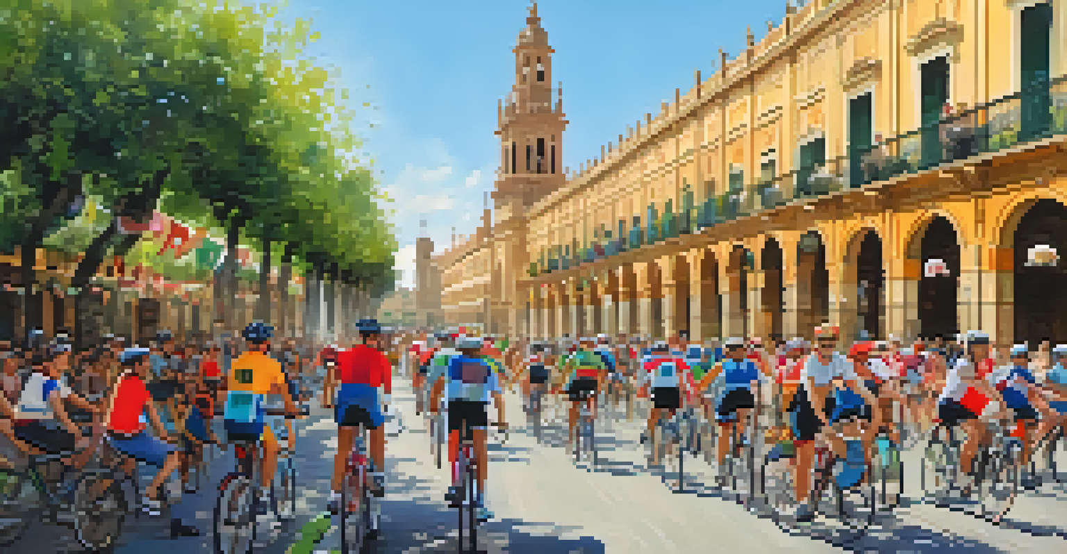 A vibrant cycling event in Seville with participants riding bikes and enjoying the atmosphere.