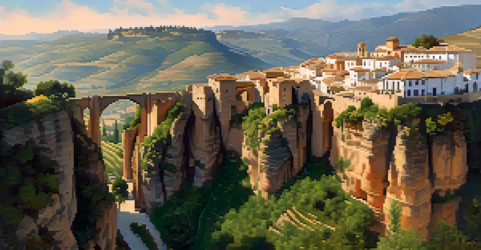 Aerial view of the ancient village of Ronda in Spain, highlighting its cliffside location and lush landscapes.