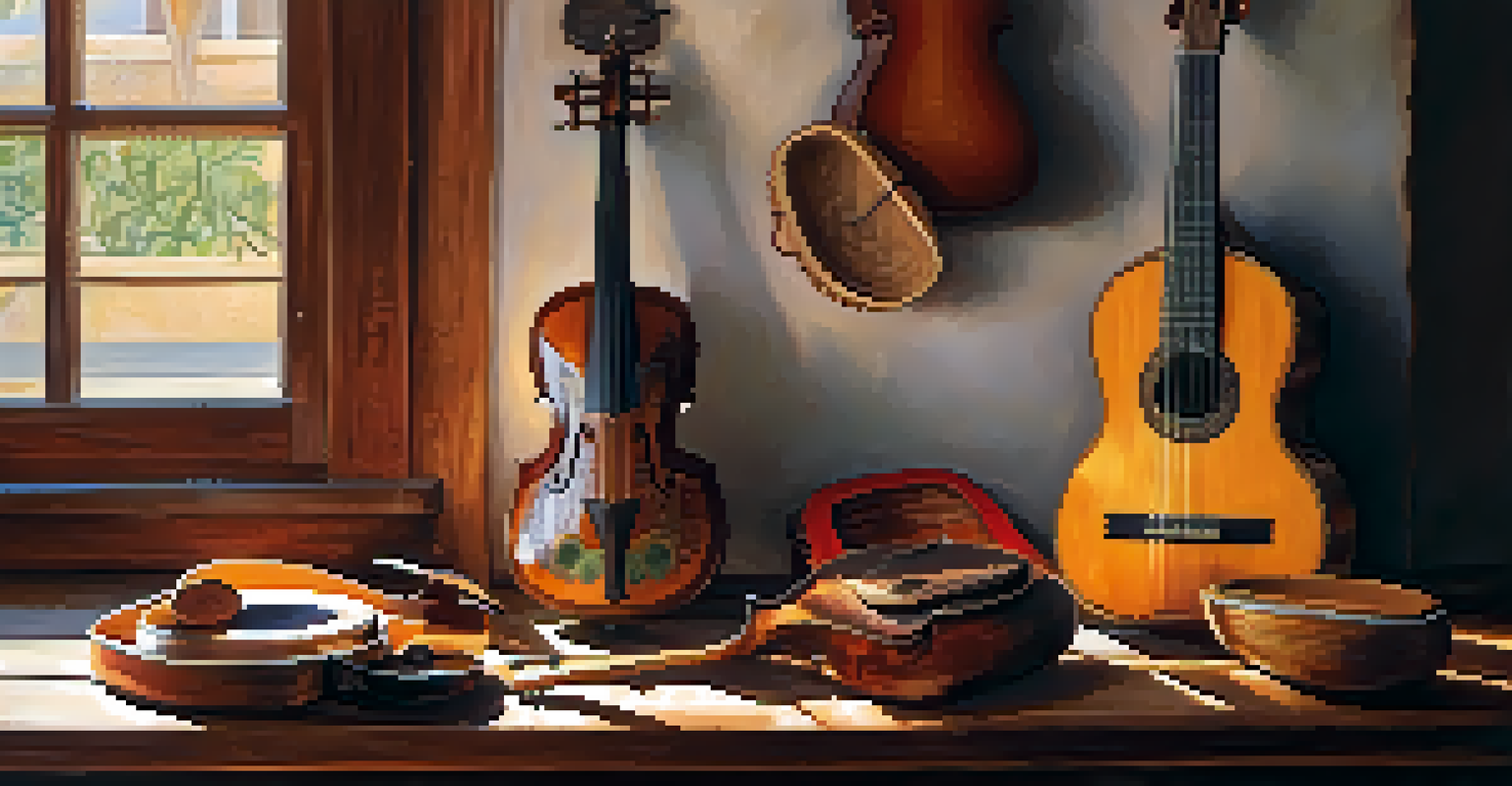 A collection of traditional Spanish folk instruments on a wooden table with natural lighting.