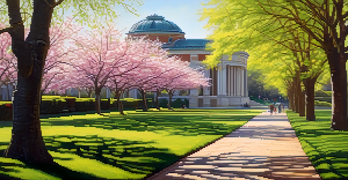 A peaceful spring scene in the Royal Botanic Garden, featuring cherry blossoms and tulips along a path with a neoclassical building in the background.