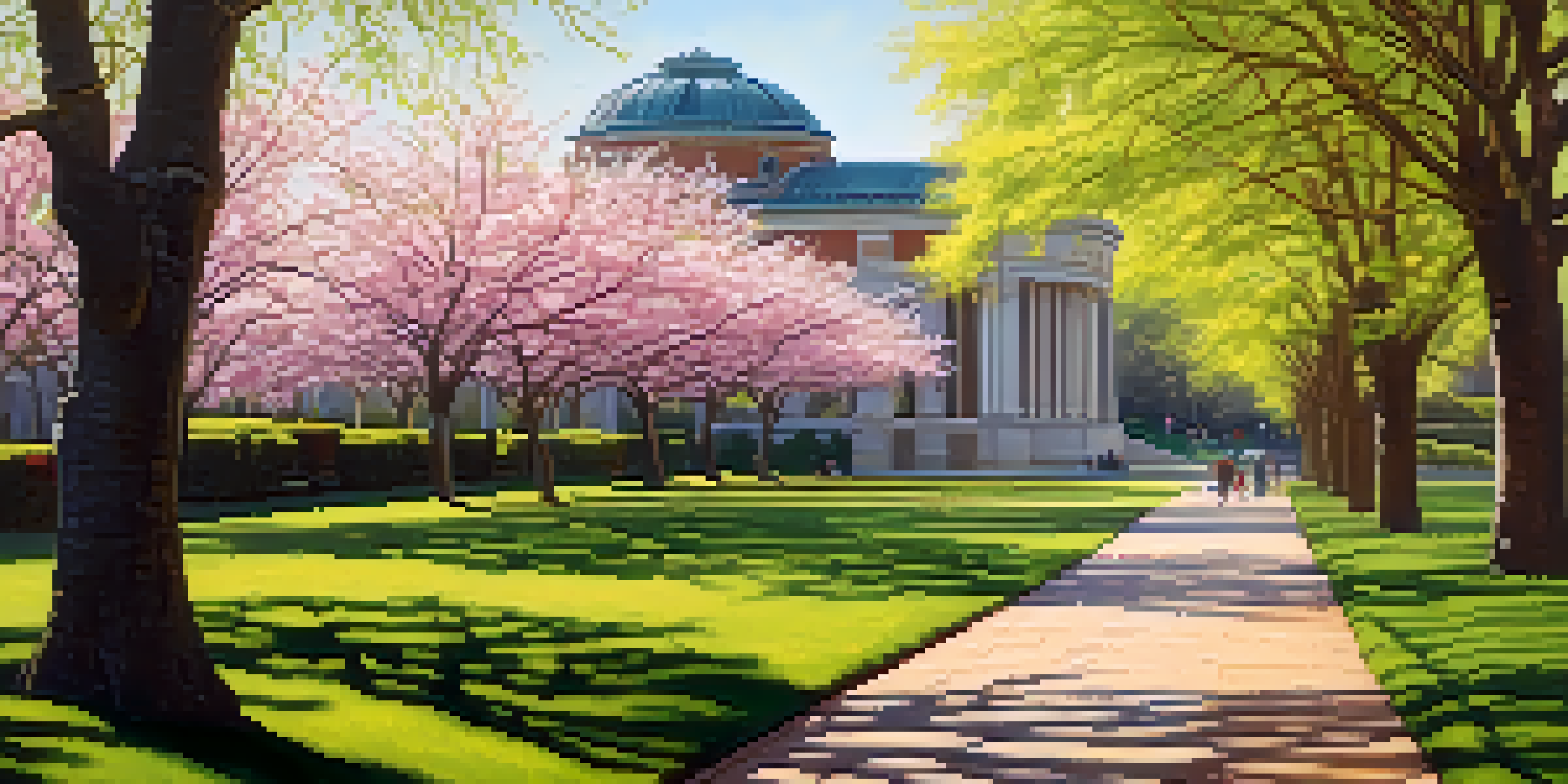 A peaceful spring scene in the Royal Botanic Garden, featuring cherry blossoms and tulips along a path with a neoclassical building in the background.