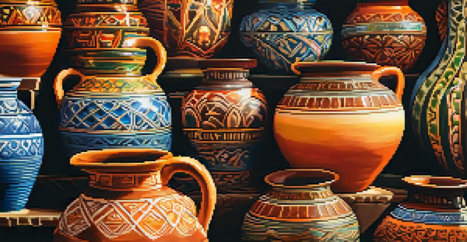 A detailed close-up of a colorful handcrafted pottery piece with intricate designs, set against a blurred backdrop of artisan market stalls.
