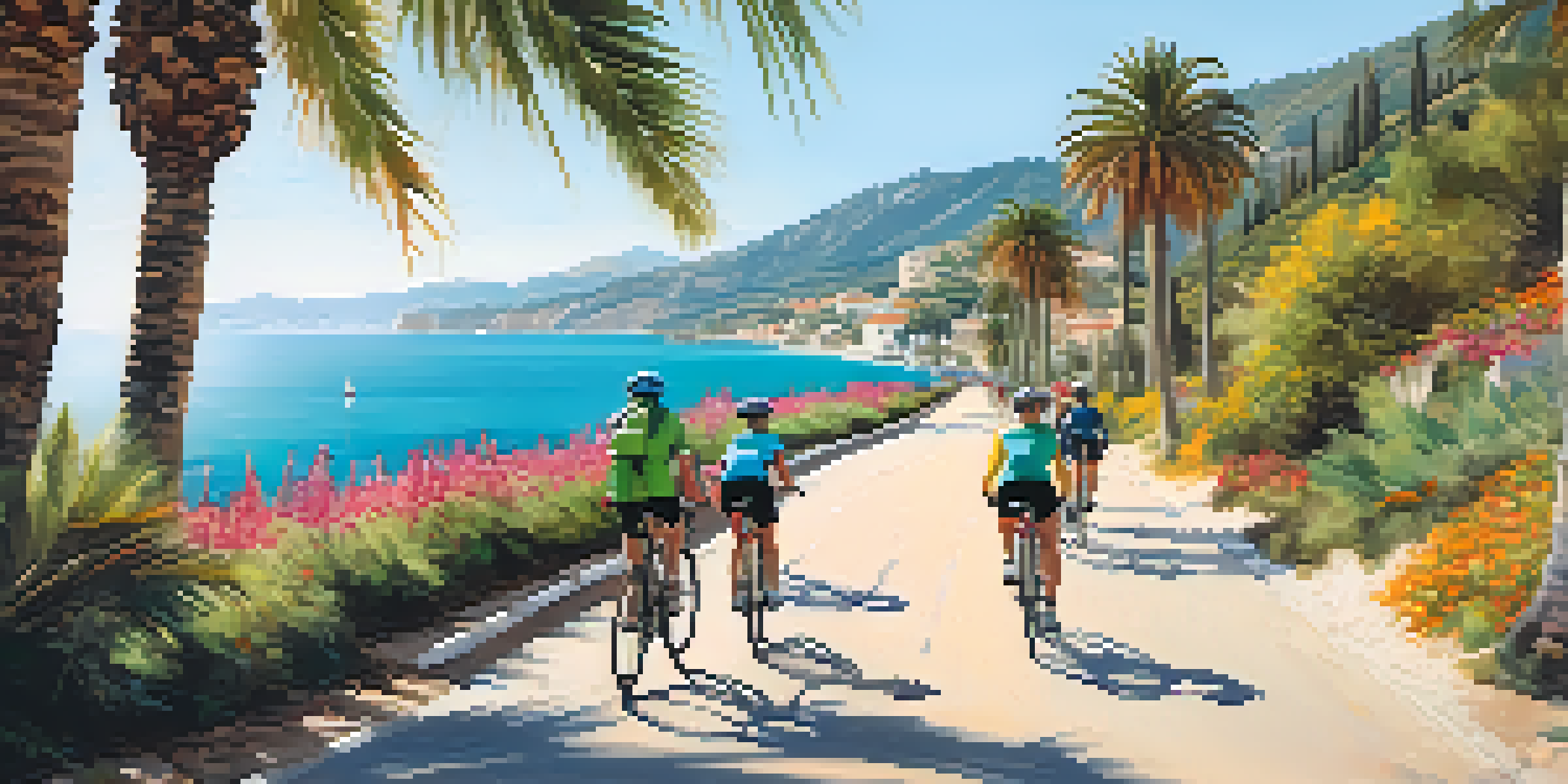 A scenic coastal cycling route in Spain with cyclists enjoying the Mediterranean view, surrounded by palm trees and wildflowers.