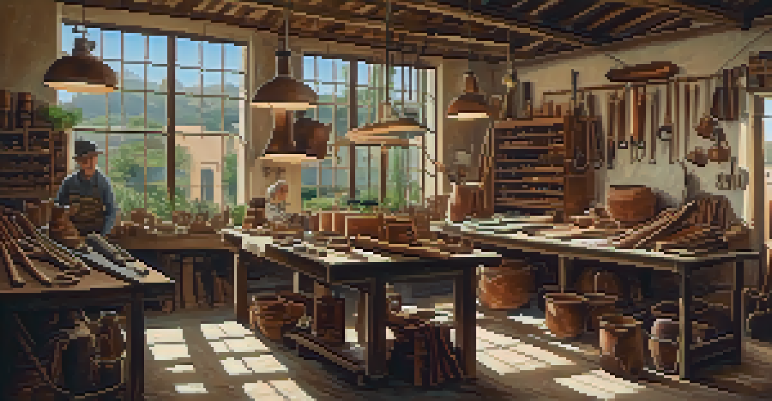 An artisan workshop filled with leather hides and tools, with artisans at work.