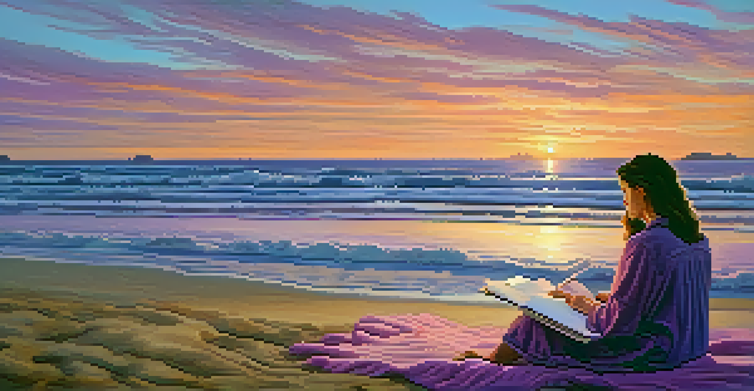 A writer on the beach at sunset, surrounded by waves and a colorful sky, immersed in their notebook.