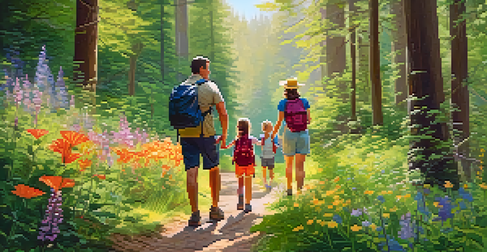 A family enjoying a hike on a forest trail, with trees and flowers around them.