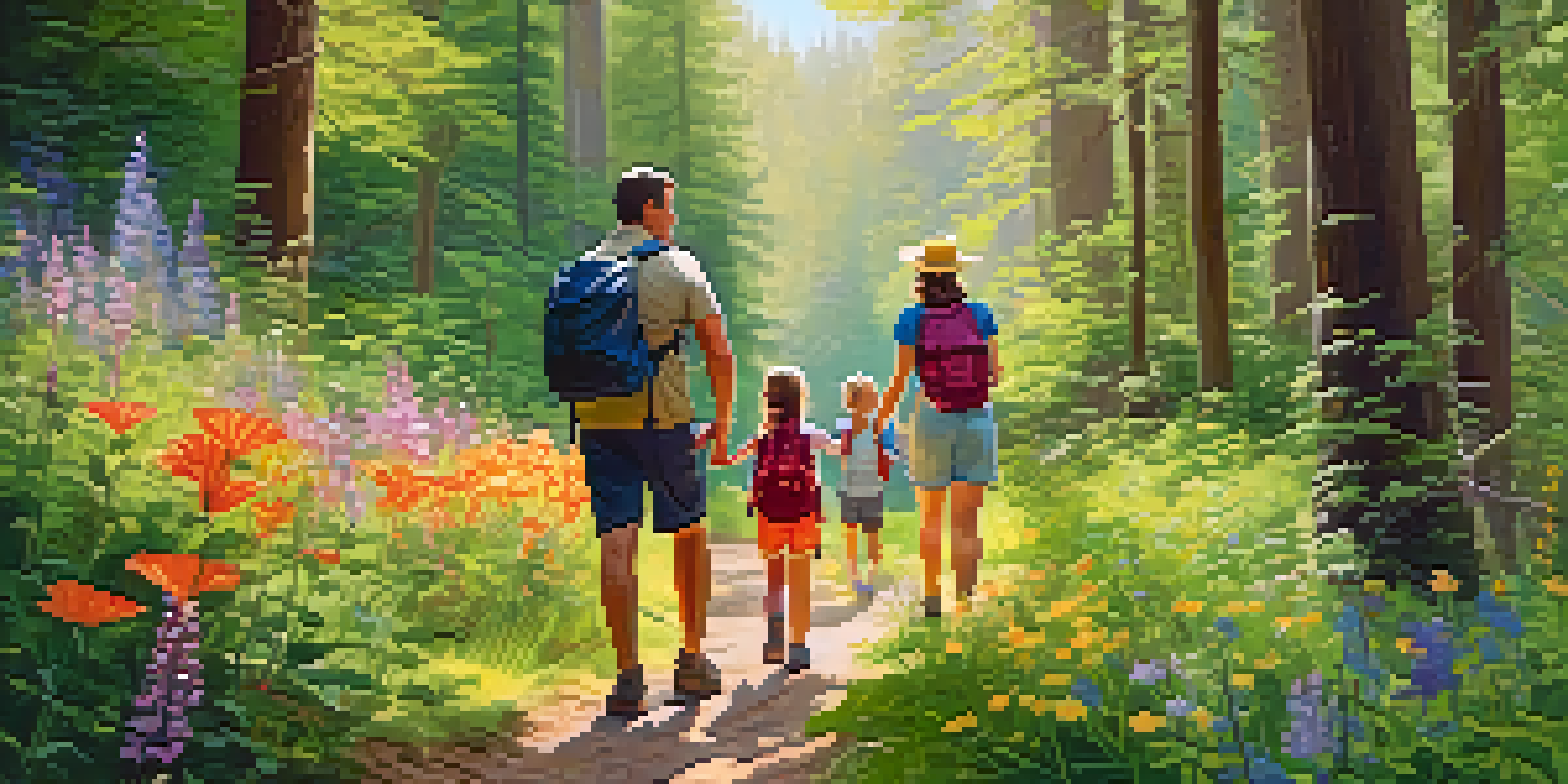 A family enjoying a hike on a forest trail, with trees and flowers around them.