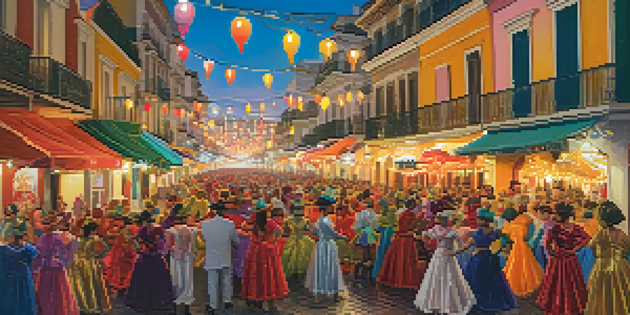 A lively street filled with people in colorful costumes celebrating Carnival in Cadiz, with a sunset in the background.