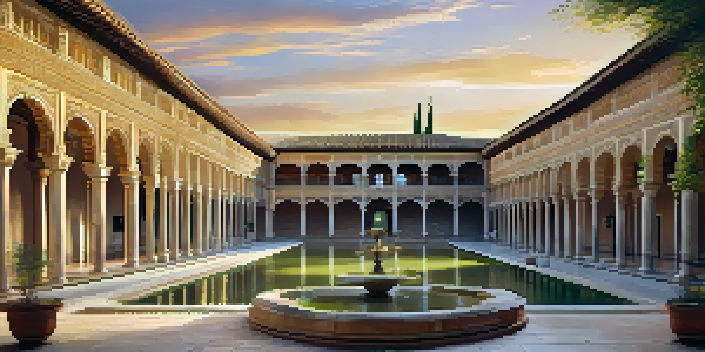 A grand palace with a circular courtyard, intricate columns, and arches, illuminated by sunset light, surrounded by greenery.