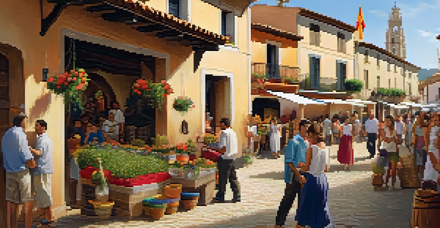 A traditional Spanish village during a cultural festival, with travelers interacting with locals and vibrant decorations.
