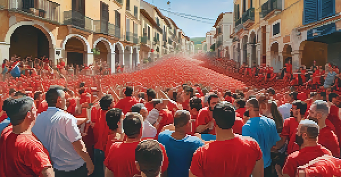 A colorful crowd participating in La Tomatina, throwing tomatoes in a lively festival setting, with historical buildings in the background.