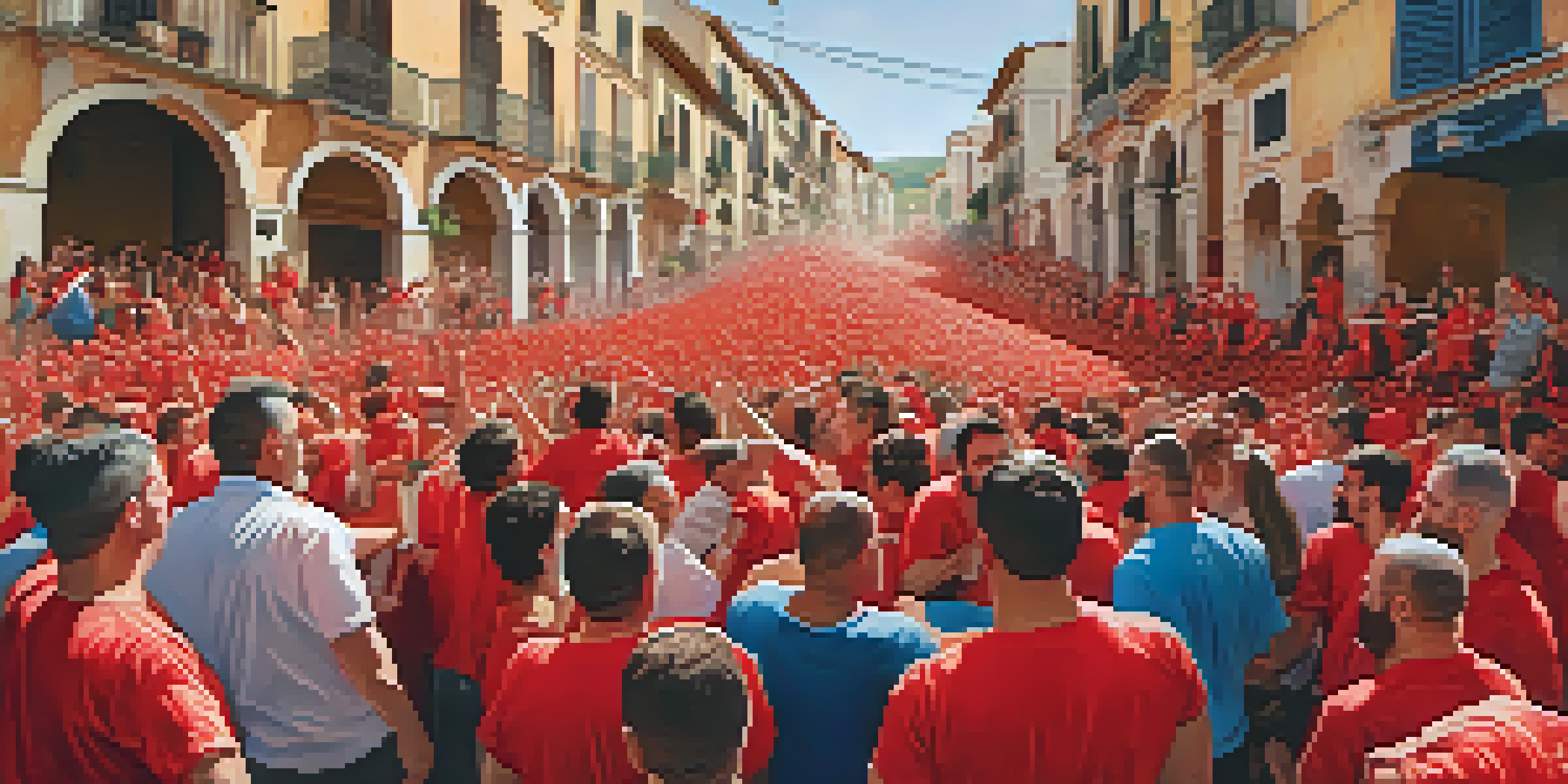 A colorful crowd participating in La Tomatina, throwing tomatoes in a lively festival setting, with historical buildings in the background.