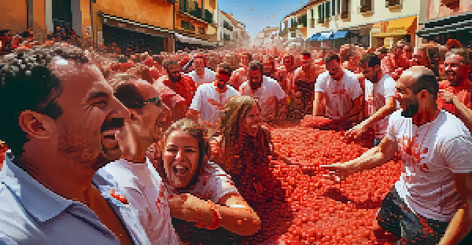 Participants at La Tomatina festival in Buñol, Spain, throwing tomatoes at each other amid laughter and vibrant colors.