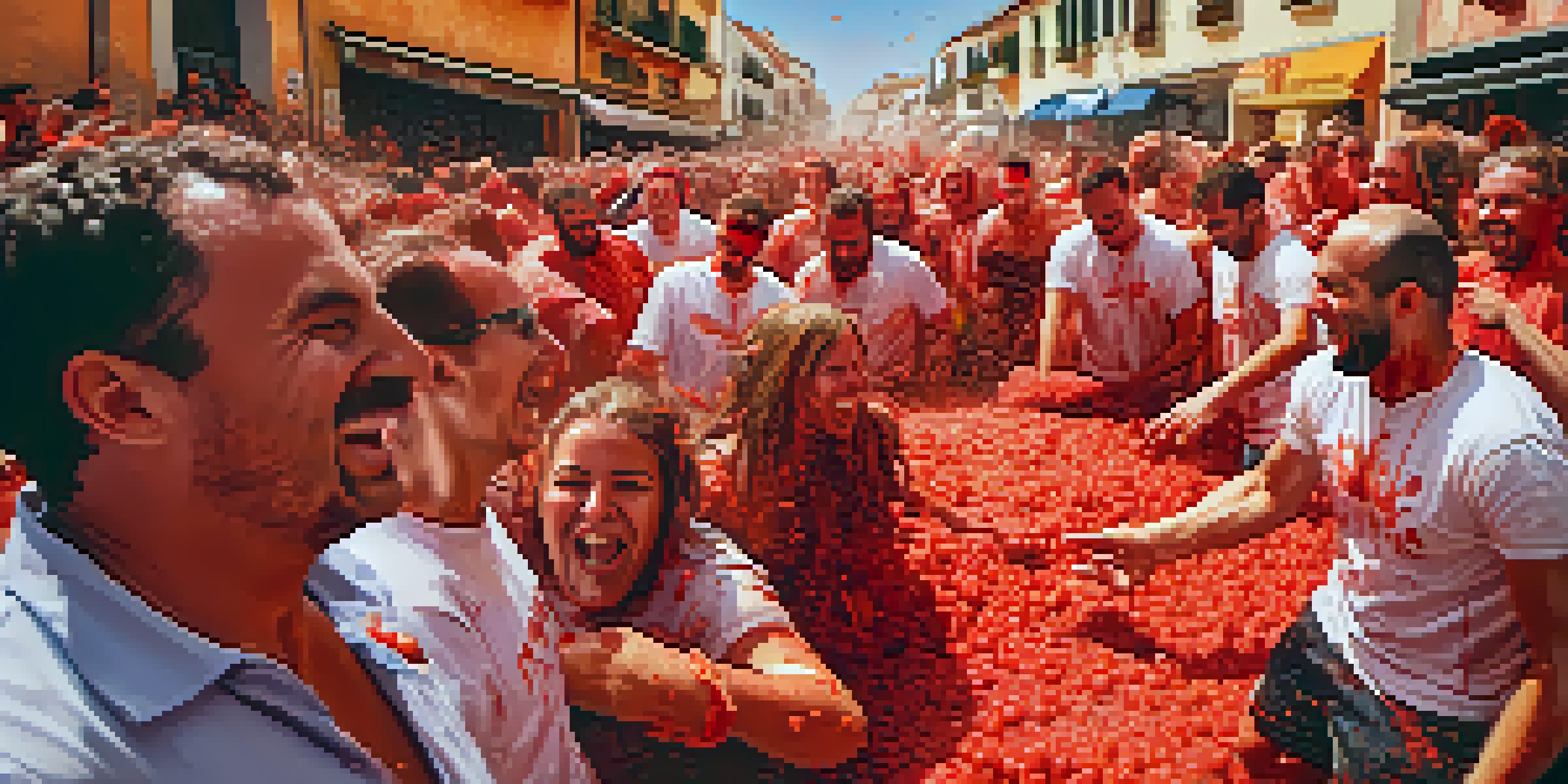 Participants at La Tomatina festival in Buñol, Spain, throwing tomatoes at each other amid laughter and vibrant colors.